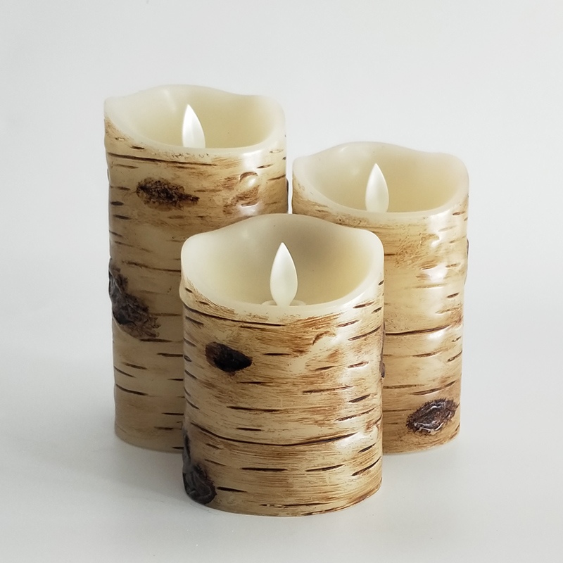 birch bark-textured flameless paraffin wax led candle Scallop Top